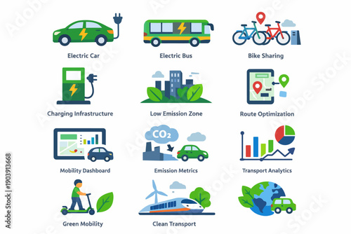 Eco-friendly urban transportation solutions illustrated with icons