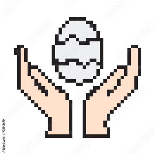 Pixel art Easter egg held by hands. Retro 8-bit vector illustration featuring a decorated egg and palms in pastel colors, symbolizing care, spring tradition, and seasonal rebirth.