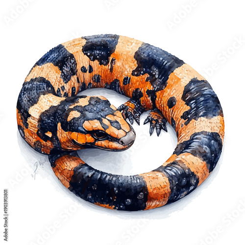 Gila Monster, serene watercolor vector artwork with smooth washes of color and refined textures, isolated on a white background.