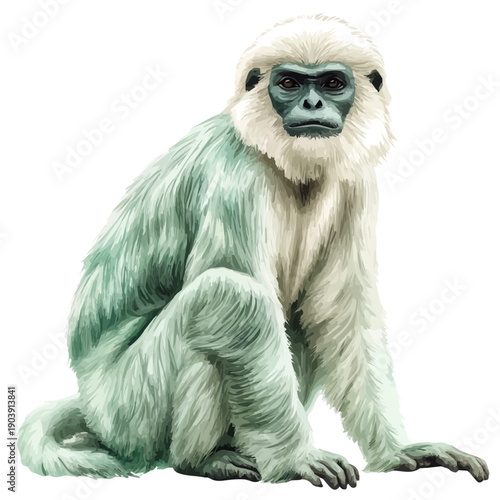 Gibbon, lively watercolor vector drawing with intricate brush, isolated on a white background.