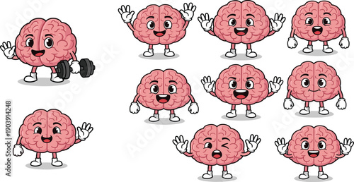 Cartoon brain characters illustration, anthropomorphic design artwork, playful vector style, mental health concept, cognitive fitness icons, educational motivational cartoon image