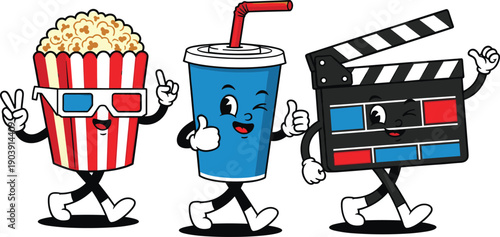 Cartoon popcorn character, soda cup mascot, clapperboard illustration, movie theater fun artwork, cinema entertainment design, kawaii style vector, cheerful film icons