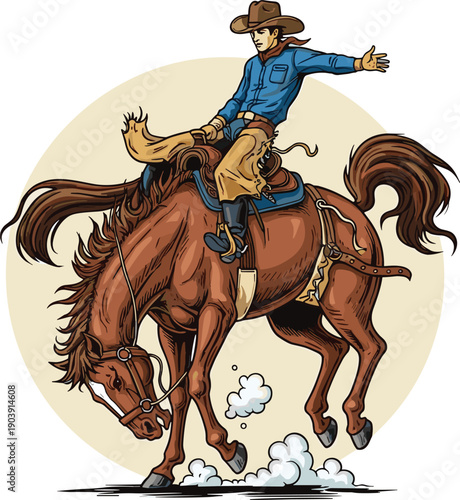 Dynamic rodeo cowboy riding bucking horse, western sport action illustration, bronc riding competition artwork, cowboy culture drawing, energetic equestrian stock image