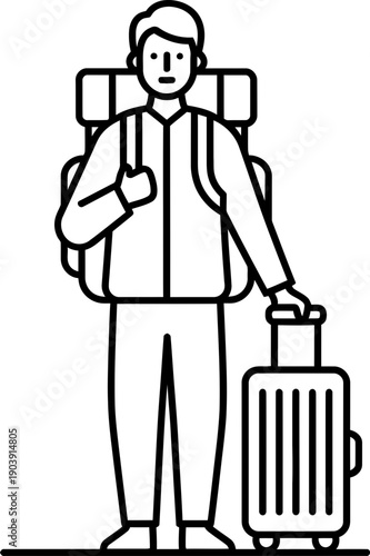 Man traveler with backpack and suitcase prepared for journey travel or tourism. Line art vector illustration for website or app icon