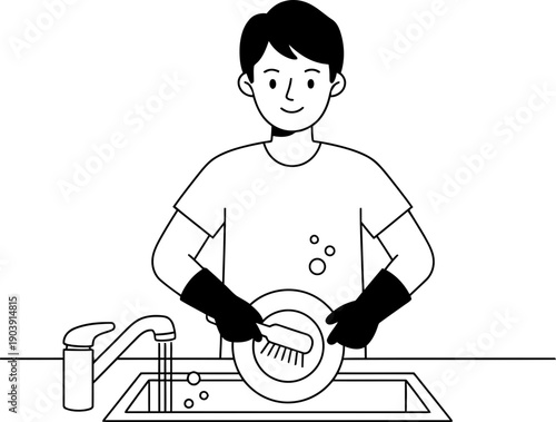 Man washing dish illustration, doing household chores. Cleaning concept. Vector illustration for kitchen, home, daily routine