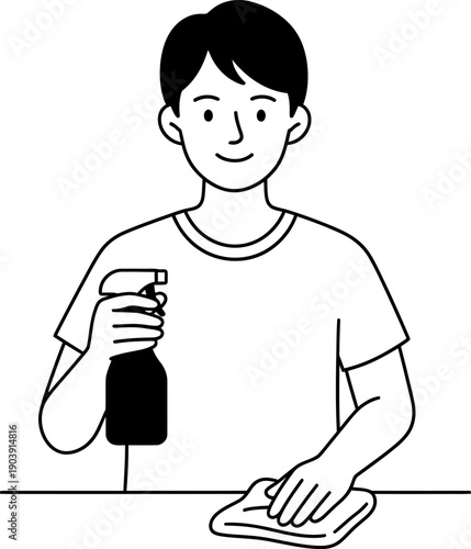 Man cleaning table with spray and cloth. Housework, hygiene, disinfection, and domestic chore concept. Outline vector illustration