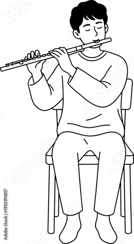 Man playing flute while sitting on a chair, musical performance and practice concept. Vector outline illustration