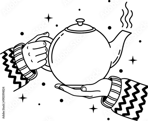 Two hands holding a steaming black and white teapot with stars. cozy beverage and hot drink concept. Vector illustration for design, card