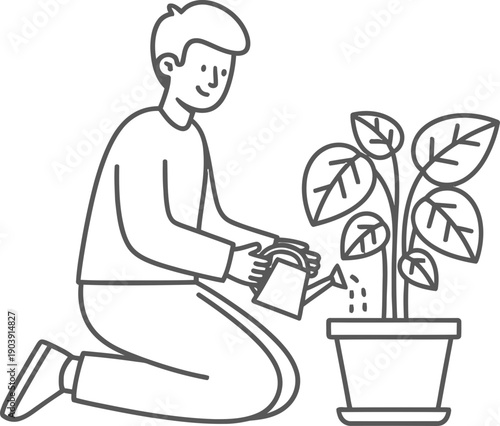 Young man watering a houseplant in a pot on his knees with watering can. Home gardening, hobby, plant care concept. Vector illustration outline