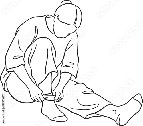 Woman sitting wearing a sock, with a simple, outline drawing style, perfect for illustrating a domestic habit or everyday wear. Vector illustration