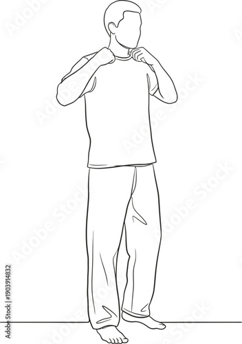 Man dressing by adjusting his collar, a simple human figure outline illustration for lifestyle, fashion, or everyday activity vector graphic