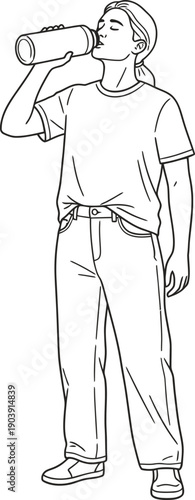 Woman drinking from water bottle, demonstrating hydration and refreshment. Simple outline style vector illustration for health and fitness design