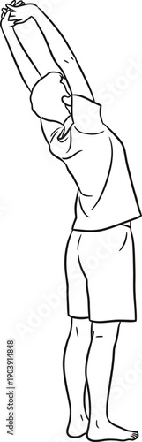 Child doing stretching exercise with arms raised and leaning forward. Outline vector illustration for fitness, yoga, health, education