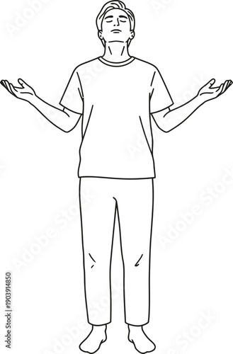 Man spreading hands, looking up, standing still on white background. Prayer, surprise concept. Black and white outline vector illustration for worship, yoga, spirituality