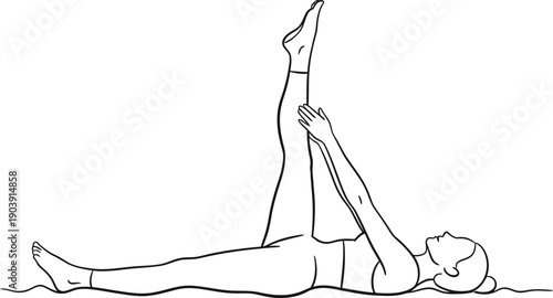 Woman lying on floor performing raised leg stretch pose, yoga and fitness exercise concept. Outline vector illustration for workout, health, wellness