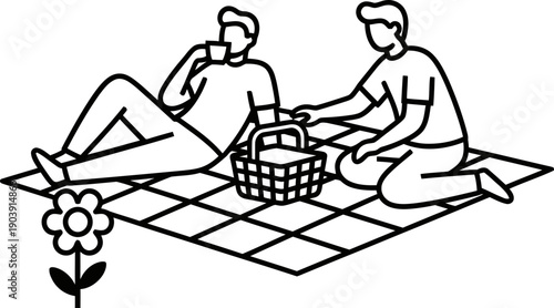 Two men having a leisure picnic on a checkered blanket with a basket, one drinking from a mug, minimalist line art vector illustration