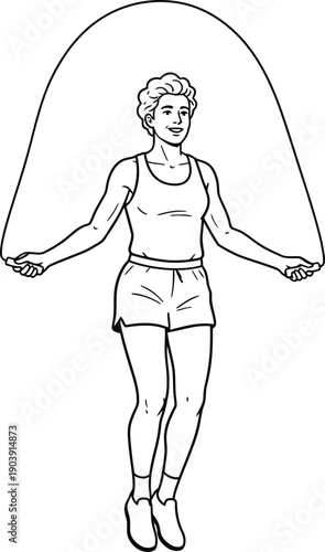 Woman jumping rope for fitness and exercise. Healthy lifestyle activity. Black and white outline vector illustration
