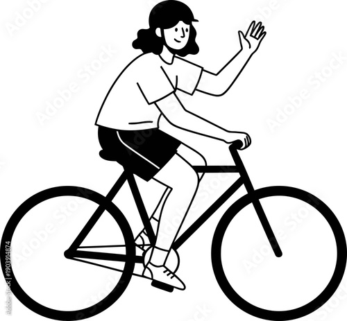 Woman riding bicycle and waving hand. Outline flat style vector illustration. Active lifestyle, sport, cycling concept
