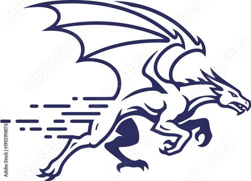 Fierce mythical dragon flying with speed lines, fantasy creature concept. Vector illustration for logo, emblem
