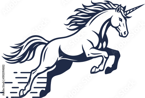 Galloping unicorn with flowing mane and tail, swift movement, mythical creature concept. Vector illustration for design, mascot, logo