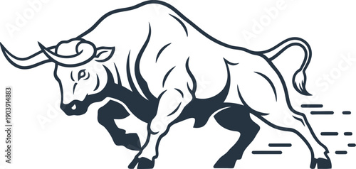 Powerful running bull animal isolated on white background. Dynamic aggressive motion concept. Strong beast vector illustration for sport mascot design