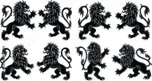 Heraldic lion rampant illustration, medieval symbol artwork, black silhouette design, bravery and valor motif, historical heraldry vector, majestic animal emblem, graphic art