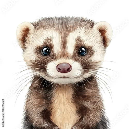 Ferret, playful watercolor vector painting with subtle shadowing and soft gradients, isolated on a white background.