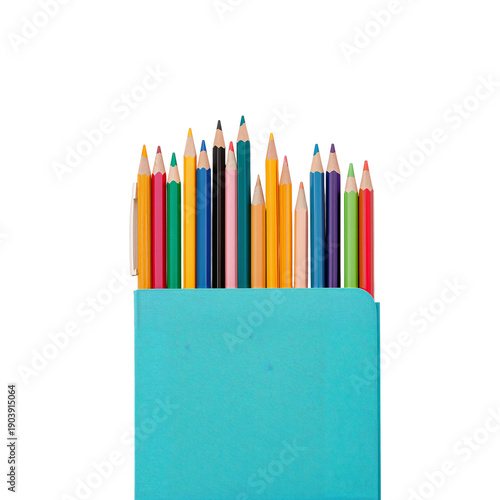 Colorful Pencils in a Teal Case on a White Background Ready for Drawing or Co...