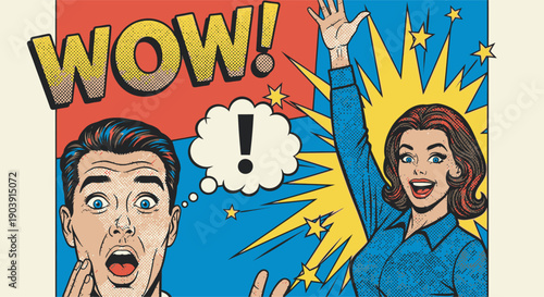 Comic book style illustration of surprised man and woman with wow exclamation