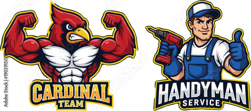 Muscular cardinal mascot logo flexing arms, bold sports team emblem illustration, handyman service cartoon character logo, professional repair branding artwork