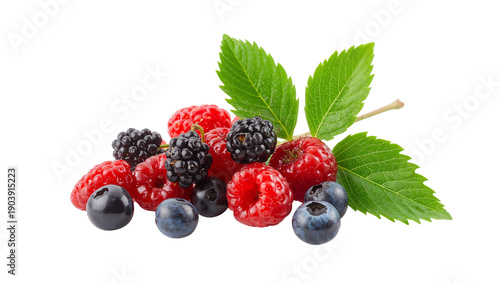 Fresh Berries on a White Background With Leaves Showing Details of Colors and...