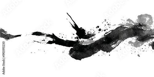 Dynamic black ink splash and splatter abstract art on white background