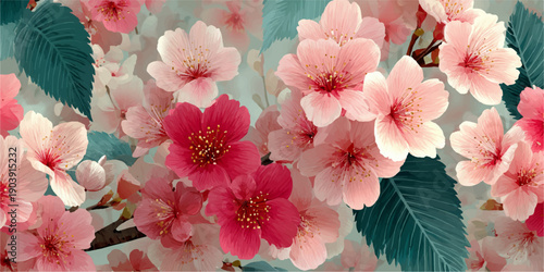 Vibrant tropical hibiscus flowers and exotic green leaves watercolor illustration set