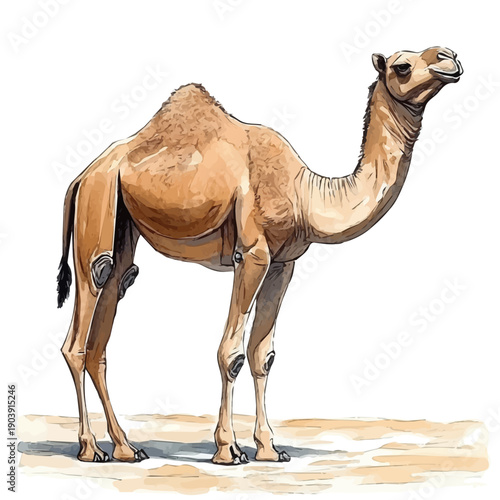 watercolor draw of Dromedary Camel, isolated on a white background.