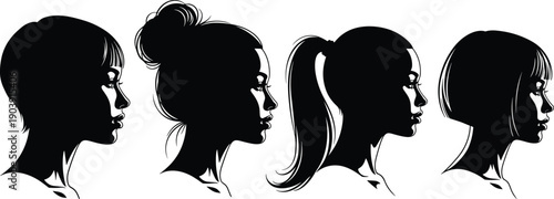 Women hairstyle silhouette illustration, fashion beauty artwork, black profile vector, stylish hair design, bob bun ponytail motif, character styling graphic