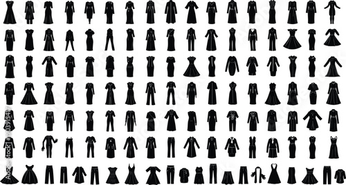 Women’s clothing silhouette illustration, fashion apparel artwork, diverse outfit vector, dresses skirts pants blouses jackets design, stylish wardrobe motif, black icons