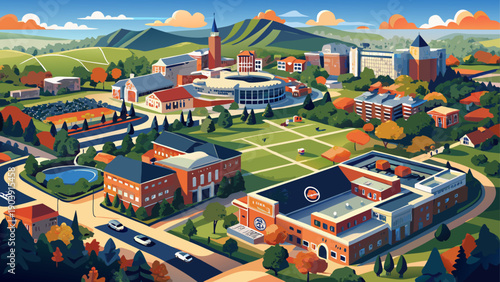 Very beautiful aerial view of Auburn University and the surrounding town in Alabama, highlighting a harmonious blend of academic buildings, urban planning, and Southern American university life.