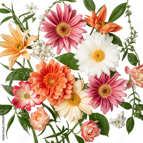 Bright Flowers in a Round Bouquet on a White Background for Decoration and Gifts