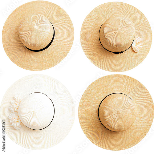 Different Styles of Straw Hats Arranged on a White Surface for Display
