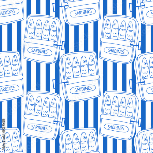 A cute seamless pattern with open sardine cans on a blue striped background.
