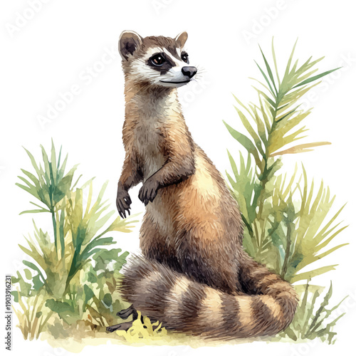 Coati, serene watercolor vector artwork with smooth washes of color and refined textures, isolated on a white background.