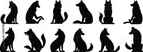 Dog silhouette collection, different sitting and posing dogs, pet animal shapes set, canine breeds illustration, black and white vector design