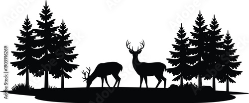 Deer forest silhouette illustration, stag and doe in pine woodland landscape, wildlife nature scene, black and white vector design