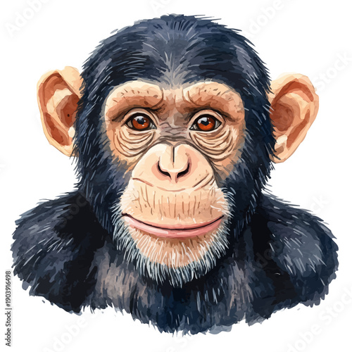 Chimpanzee, whimsical watercolor vector illustration with vibrant highlights and delicate strokes, isolated on a white background.