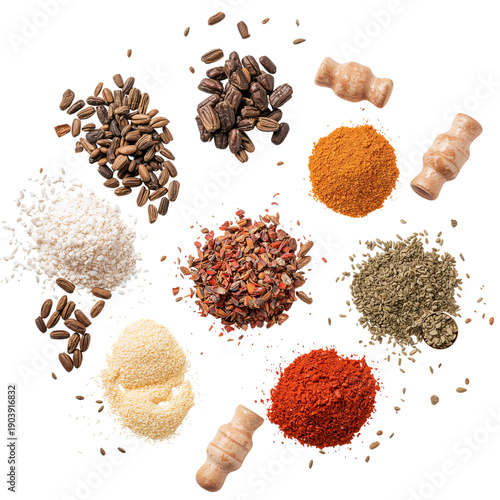 Different Types of Spices and Seasonings Arranged on a Plain Background for C...