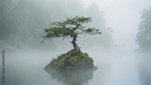 霧に包まれた小島に立つ孤高の樹の風景