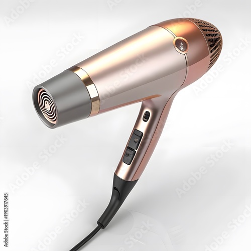 Elegant rose gold hair dryer with a sleek metallic finish and black accents on a white background