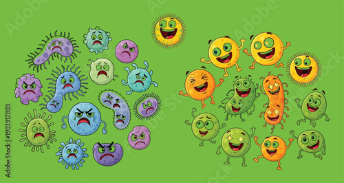 Cartoon Viruses and Bacteria with Sad Expressions, Microbial Characters, Medical Science