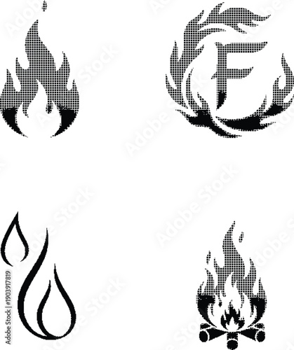 Halftone dither flame icons set - black and white illustration