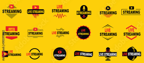 A collection of various 'Live Streaming' logos and badges in different styles and shapes on a vibrant yellow background, featuring play buttons, microphones, and sound waves.